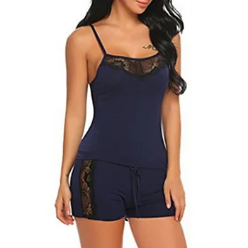 

SFIT Sexy Lingerie Pyjamas Women Homewear Sleeveless Tops+Shorts Two Piece Summer Pajamas Set Lace Satin Sleepwear Nightwear