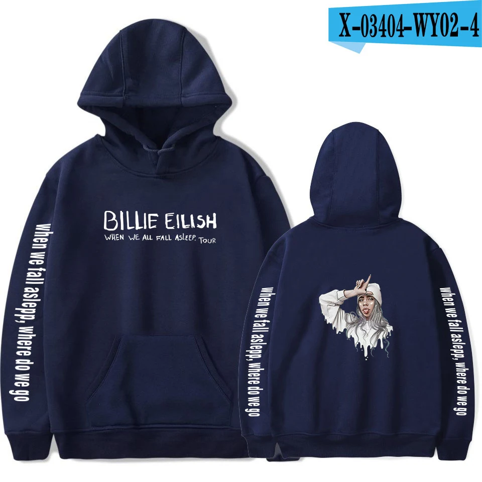 navy blue Популярные худи с принтом Billie Eilish, женские и мужские свитшоты Harajuku, Осенние повседневные черные пуловеры с капюшоном Billie Eilish Pop для девочек - Цвет: navy blue