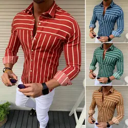 Мужская приталенная полосатая Повседневная хлопковая рубашка с длинным рукавом, деловые топы, Новая мода