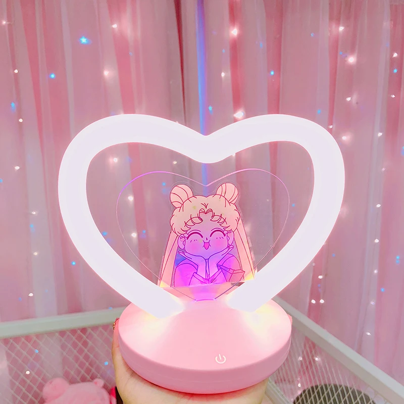Sakura Сейлор Мун в форме сердца светодиодный ночник с USB заряженной фигурой, напечатанная полимерная настольная лампа, декор для спальни, игрушки для кукол