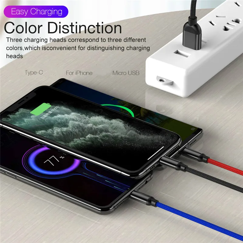 Зарядный кабель 3 в 1 Type C/8 Pin/Micro USB для iPhone X Xr универсальный быстрой зарядки Samsung S9 S8
