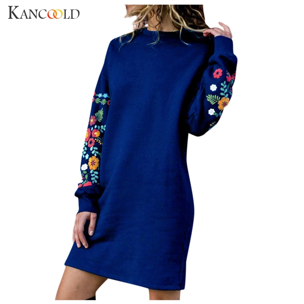 KANCOOLD, осень, зимние платья для женщин, повседневные, с длинным рукавом, с цветочной вышивкой, платье-толстовка, праздничная одежда, короткие платья