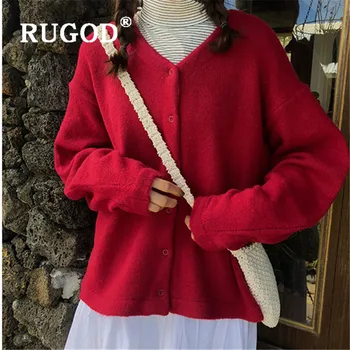 

RUGOD Knit Cardigan V-neck Solid Loose Sweater Womens Sweaters 2019 Winter Top For Women Knitwear Fashion Casual Single-breasted