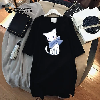 

2020 Cute Cat Women Summer Dress Print Beach Casual Loose Fashion Black White Female Party Club Dress Mini Plus Size 4XL Dresses