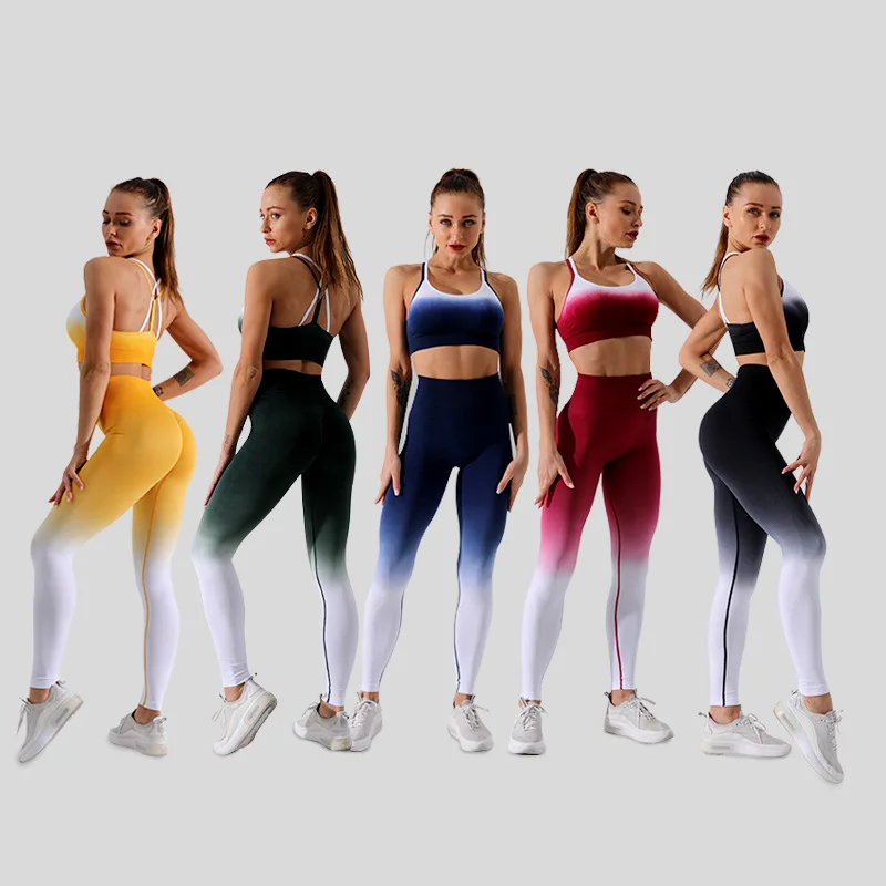 

2020 Upgrade Vital Fitness Sports Suits High Waist Running Leggings Workout Pants Women Seamless Ombre yoga set GYM