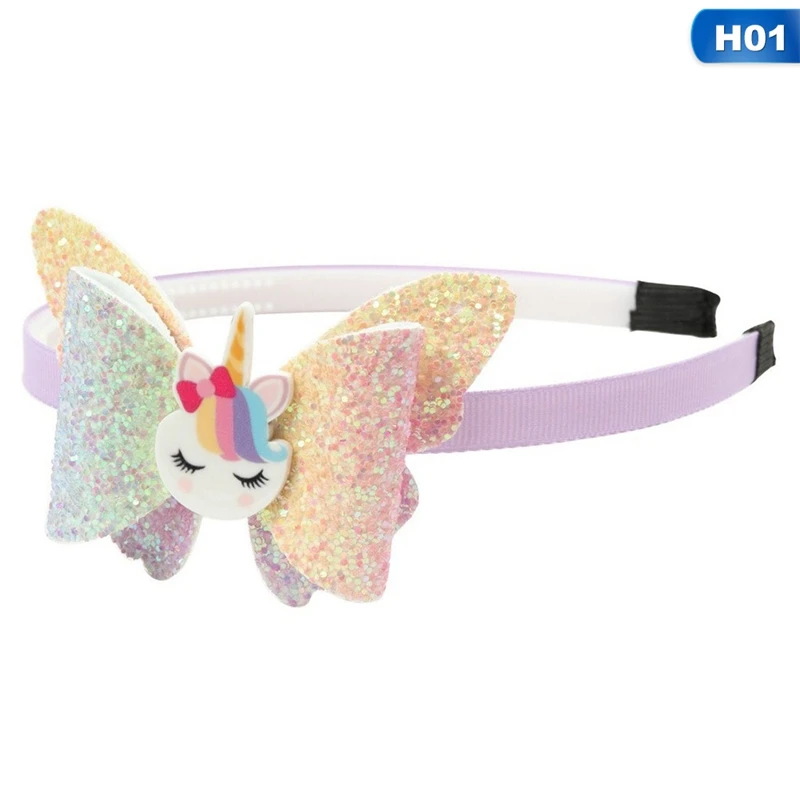 1PCS Kids Girls Unicorn Hairbands Shiny Glitter Sequins Hair Bow Children Party Hairbands Fashion Resin Kids Party Head Wear