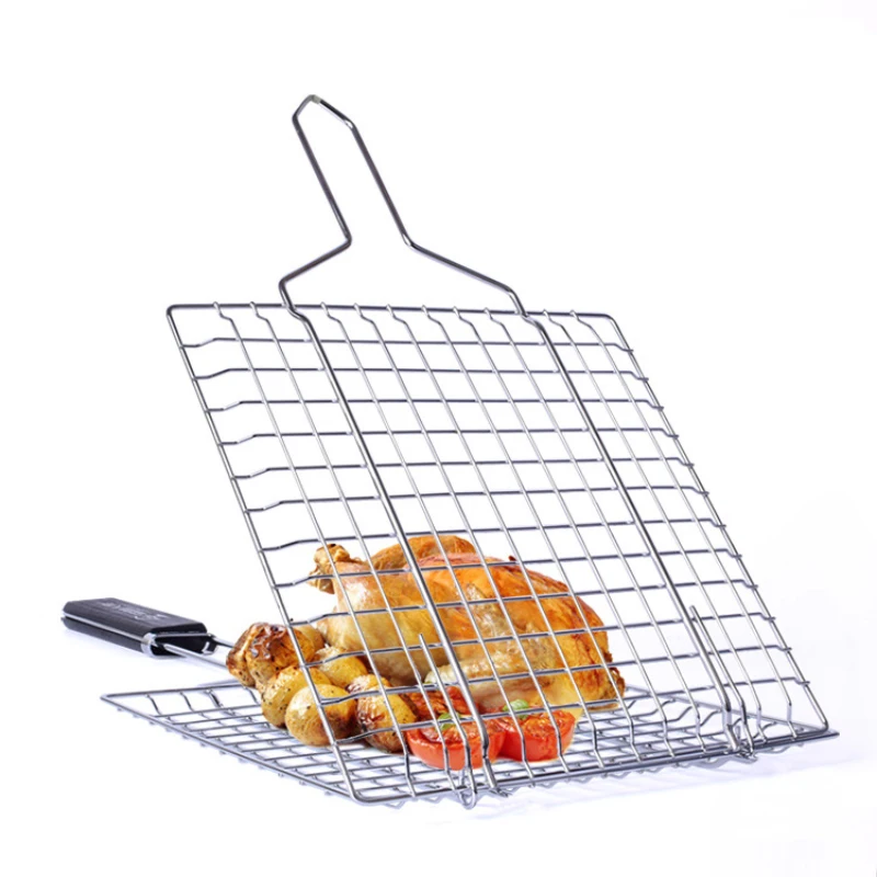 

Stainless Steel Barbecue Net Grilled Fish Clip Plating Toast Clamp High Temperature Resistance Wooden Handle Thickened Bold N