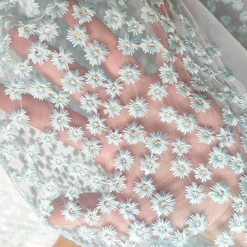 

Soft Light Blue And White Adorable Daisy Flower Embroidered Tulle Lace Fabric For Party Dress,costume Design, By The Yard, 130cm