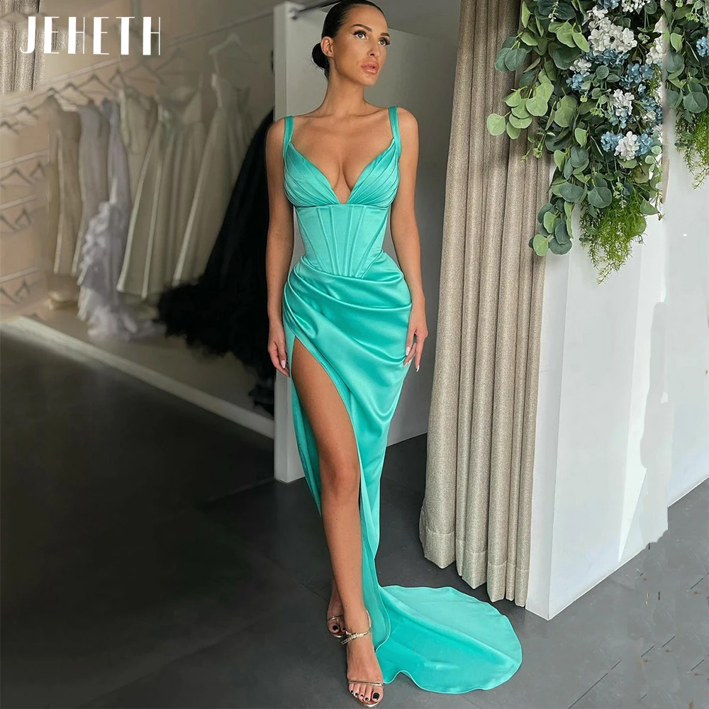 JEHETH Sexy Deep V-Neck Satin Evening Dresses Spaghetti Straps Side Split Backless Pleats Cocktail Party Gowns robes de soirée