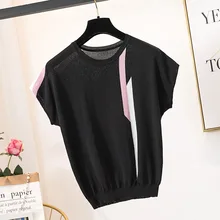 Платье большого размера в Корейском стиле с коротким рукавом и асимметричным узором, вырез лодочкой, вискозный свитер, свободная футболка