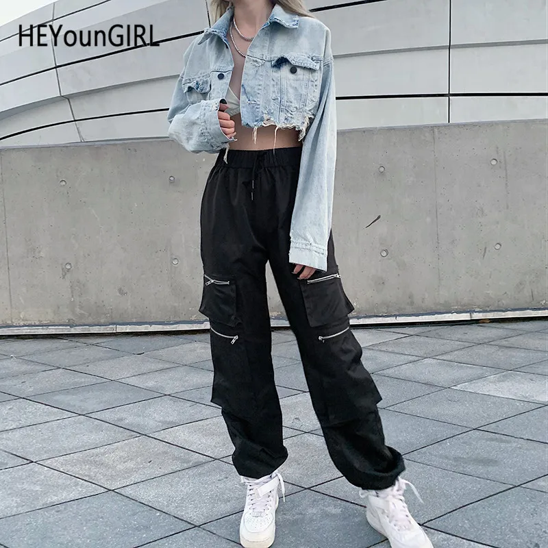 HEYounGIRL, черные повседневные спортивные штаны с карманами, женские эластичные брюки с высокой талией, женские корейские модные шаровары, Капри, уличная одежда