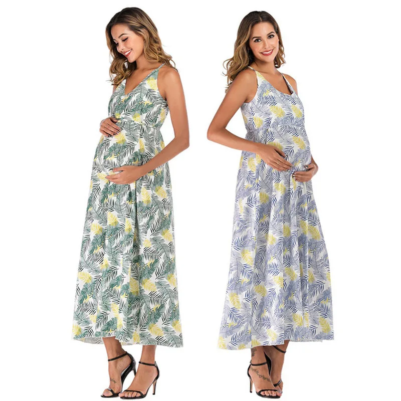 

Maternity Dress Fashion Sleeveless V-Neck Womens Casual Floral Print Pregnant Dress for Maternity Clothes Sling Women Dress