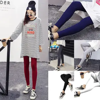 

Women Ribbed Knit Striped Leggings Solid Color Warm Opaque Skinny Pants