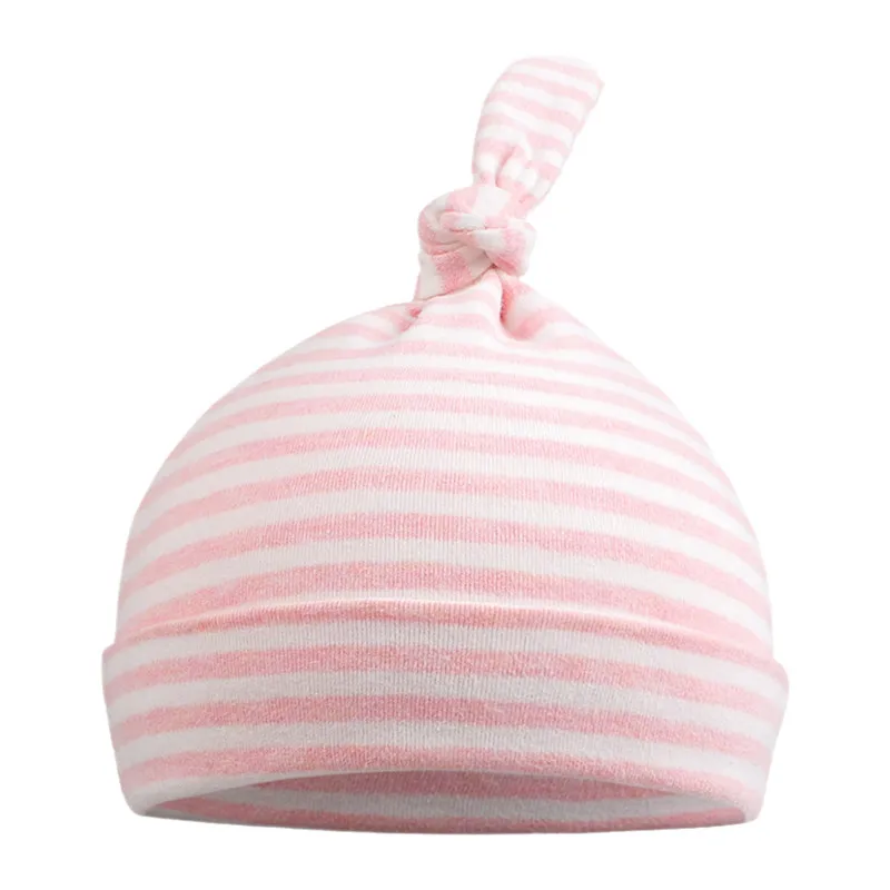 Pink Stripe Knot Хлопковая шапочка с бантиком для новорожденных, милая шапка для маленьких девочек, Весенняя мягкая детская шапочка для больницы, одноцветная шапка в полоску для маленьких мальчиков 0-6 месяцев - Цвет: Pink Stripe Knot