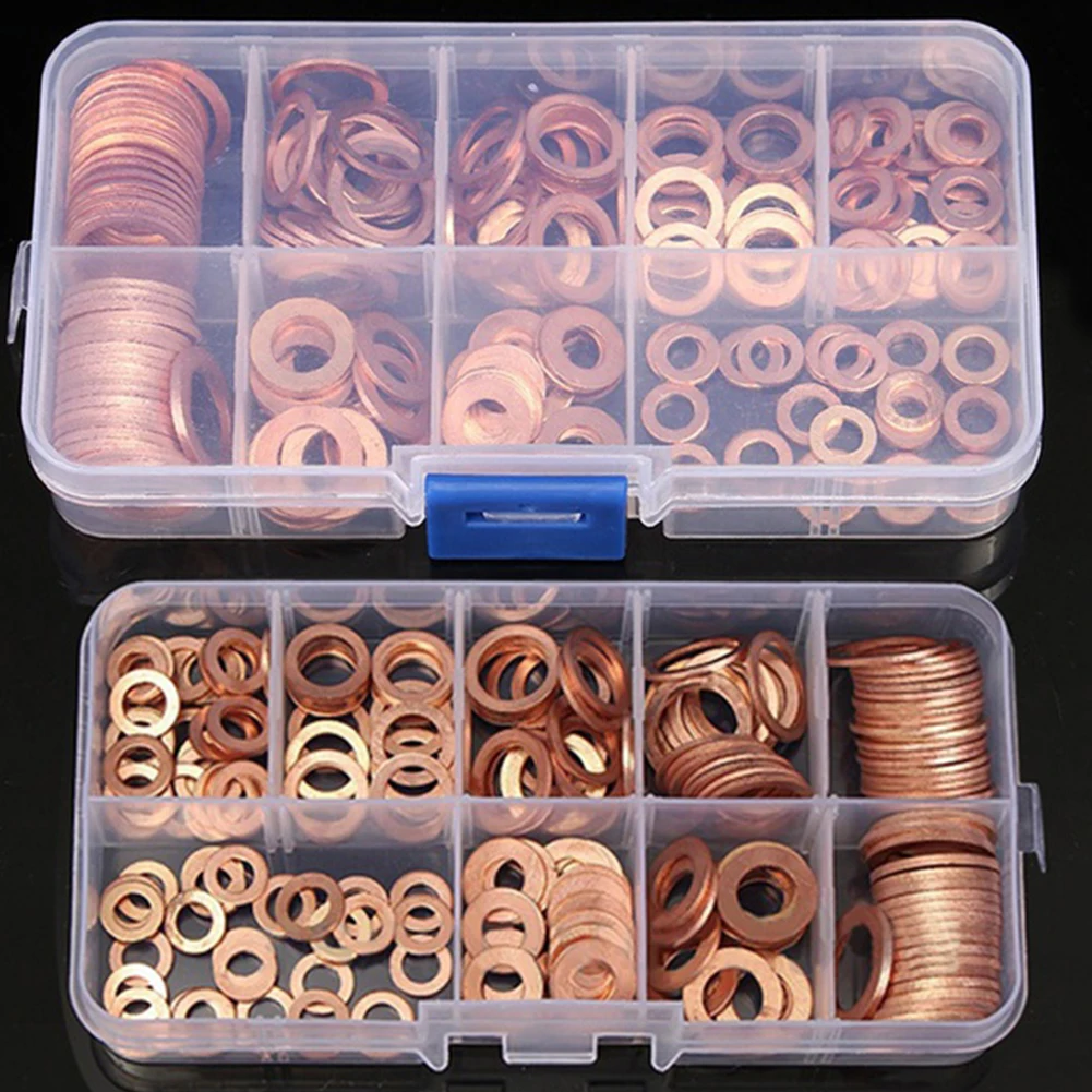 

200Pcs Copper Washer Gasket Nut and Bolt Set Flat Ring Seal Assortment Kit With Box M5/M6/M8/M10/M12/M14 for Sump Plugs Water