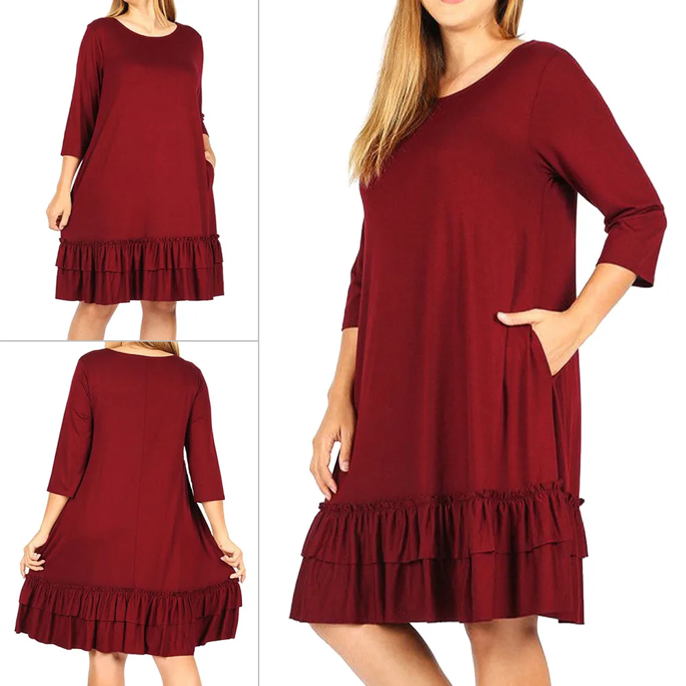 Womail, платья размера плюс, женская мода, Vestidos, три четверти, каскадные, с рюшами, о-образный вырез, прямое, до колена, платье JL25 Vestidos
