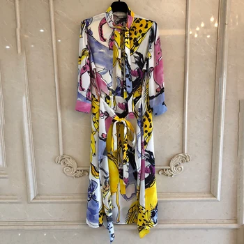 

High Quality Silk Print Dress Women Summer Long Sleeve Dress For Ladies Fashion Party Long Dress