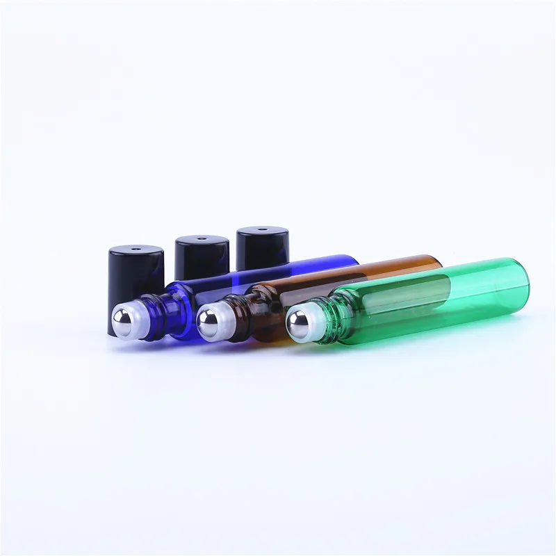 Wholesale 10ml amber blue Essential Oil Perfume Bottle Roller Ball Glass Roll On Durable For Travel Cosmetic Container 200pcs