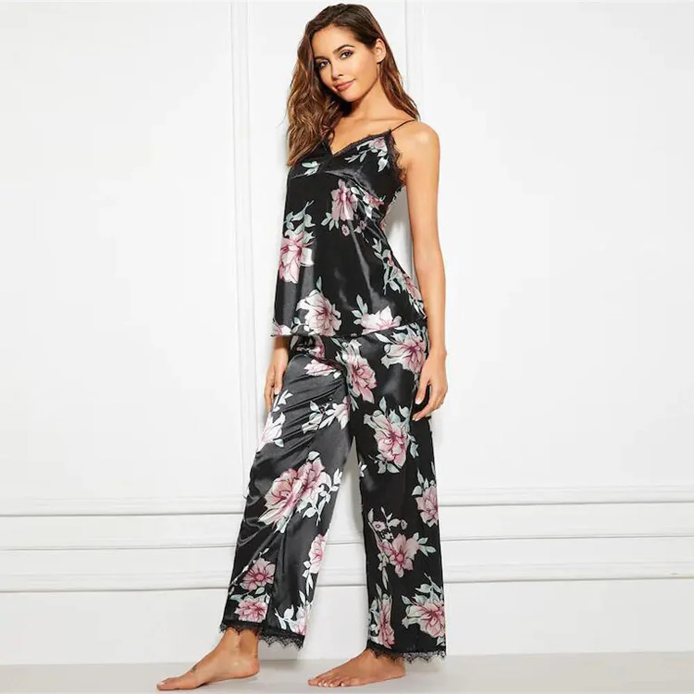 

Best Selling Ladies Sling Pajamas Sleep Pants Sexy Lace Print Pajamas Set Casual Two-Piece Ladies Sling Home Service Trousers