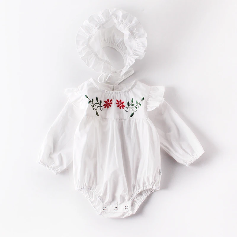 white 92032 Детская одежда для Гир, модный вышитый комбинезон с длинными рукавами для маленьких девочек, хлопковый комбинезон+ шапочка, комплект из 2 предметов, боди для новорожденных - Цвет: white 92032