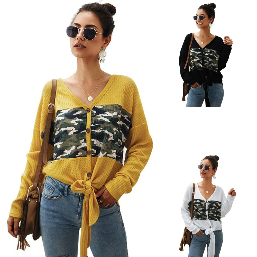 

2019 Autumn Winter New Women's Sweater Female Camouflage Cardigan Tops Fashion V Neck Lace up Loose Large Size Knitted Top Shirt