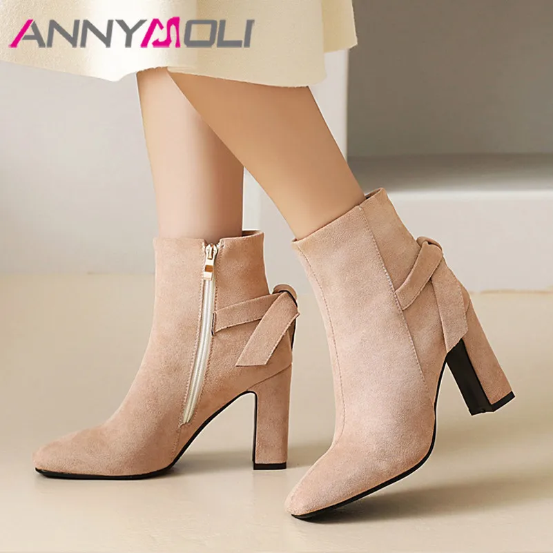 

ANNYMOLI Ankle Boots Super High Heel Woman Boots Block Heel Short Boots Zip Square Toe Ladies Shoes Autumn Winter Brown Size 46
