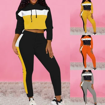 

Autumn Spring Sweatshirt Tops + Pants Womens 2 Pieces Suits Patchwork Tracksuit Hoodie Sweatshirt Skinny Bodycon Long Jumpsuits