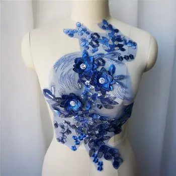 

Blue 3D Flower Lace Fabric Silver Sequin Embroidered Gown Applique Collar High-quality Luxury for Wedding Dress Decoration