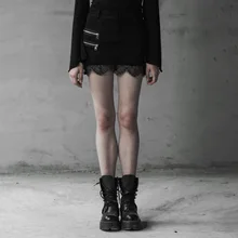 Панк рейв женские панк готические джинсы сшивание кружева подол половина юбка молния личности высокая Талия Панк короткая юбка