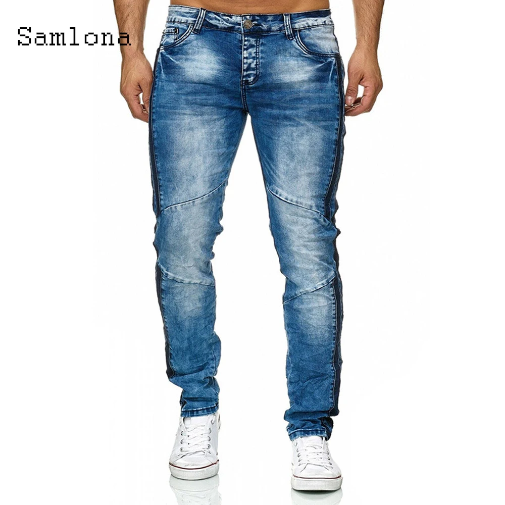 

Samlona Men Jeans Denim Pants Spring Autumn Slimming Bottoms Pant Male Patchwork Denim Jeans Pencil Trousers Mens Clothing 2021