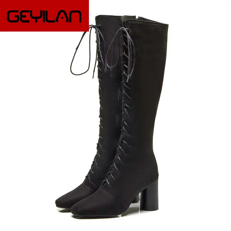 

Women Soft Flock Knee High Boots Square High Heel Boots Sqaure Toe Lace Up Zipper Autumn Fashion Boots Shoes Big Size 43