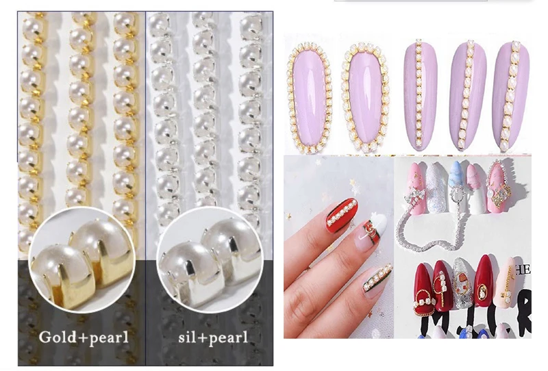 1 Yard High Quality ABS Pearl Cup Chain For Sewing Gold Silver Bottom Glue on Flat Pearls for Crafts DIY Rhinestones Crystals