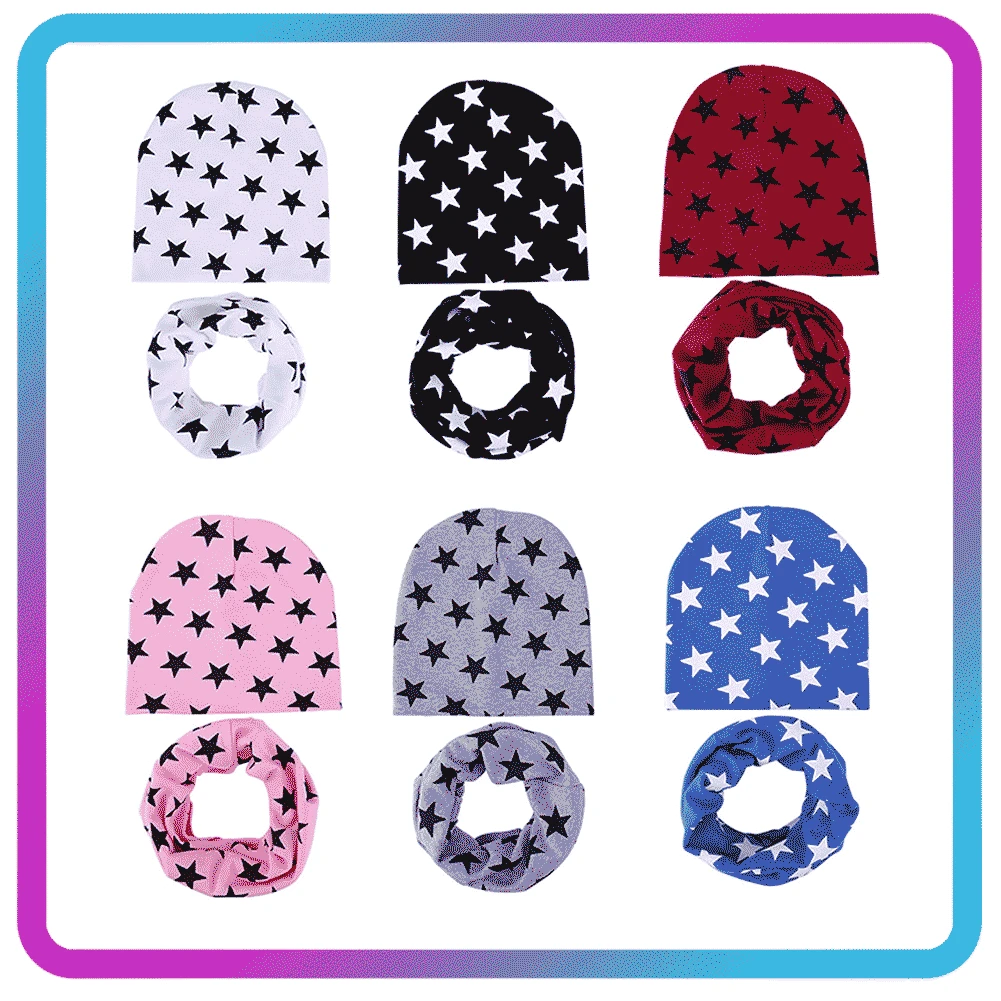 Newborn Baby Autumn Winter Warm Hats Kids Stars Print Scarf Cap Set Children Cartoon Knitted Girls Boys Beanie Hat Headwear | Детская
