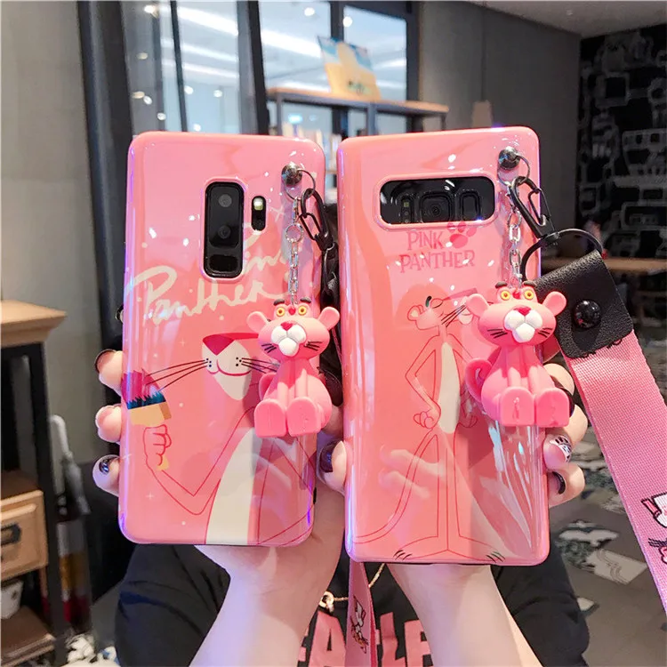

Sam S10 plus Cute pink panther case, Cartoon smooth skin Soft back cover For Samsung Galaxy S8 S9 note8 note9 + toy+StrapS