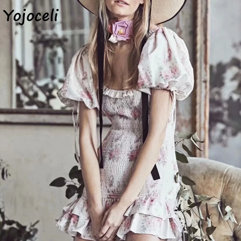 Yojoceli boho Цветочный Принт гофрированное платье для женщин с квадратным вырезом мини-платье с оборками Женское vestidos