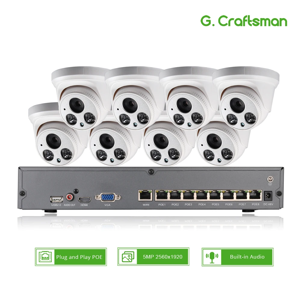 8ch 5MP POE Audio Kit H.265 System Smart CCTV Security NVR 5.0MP Indoor IR IP Camera Surveillance Video DIY G.Craftsman