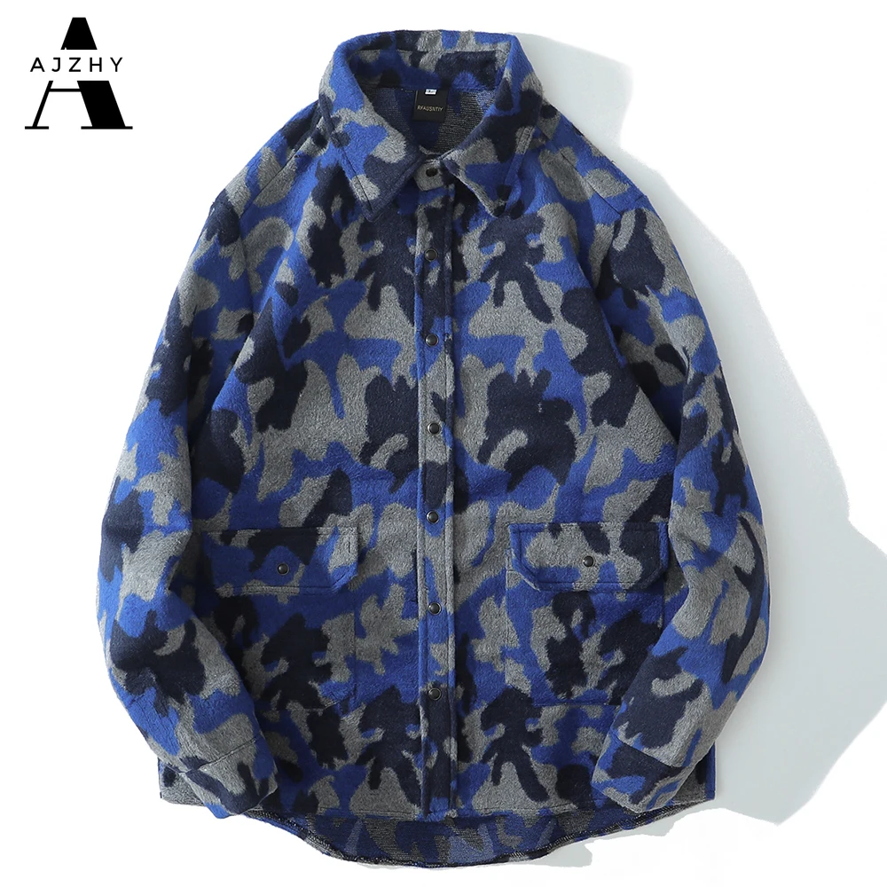 

AJZHY Winter Mens Shirts Long Sleeve Thick Vintage Camouflage Flannel Oversized Streetwear Harajuku Japanese Fashion Jackets