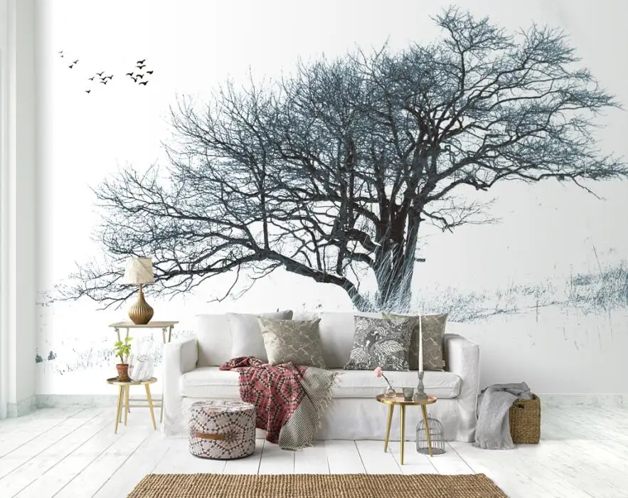 papel de parede personalizado para decoração de preto esboço pássaro paredes do fundo da