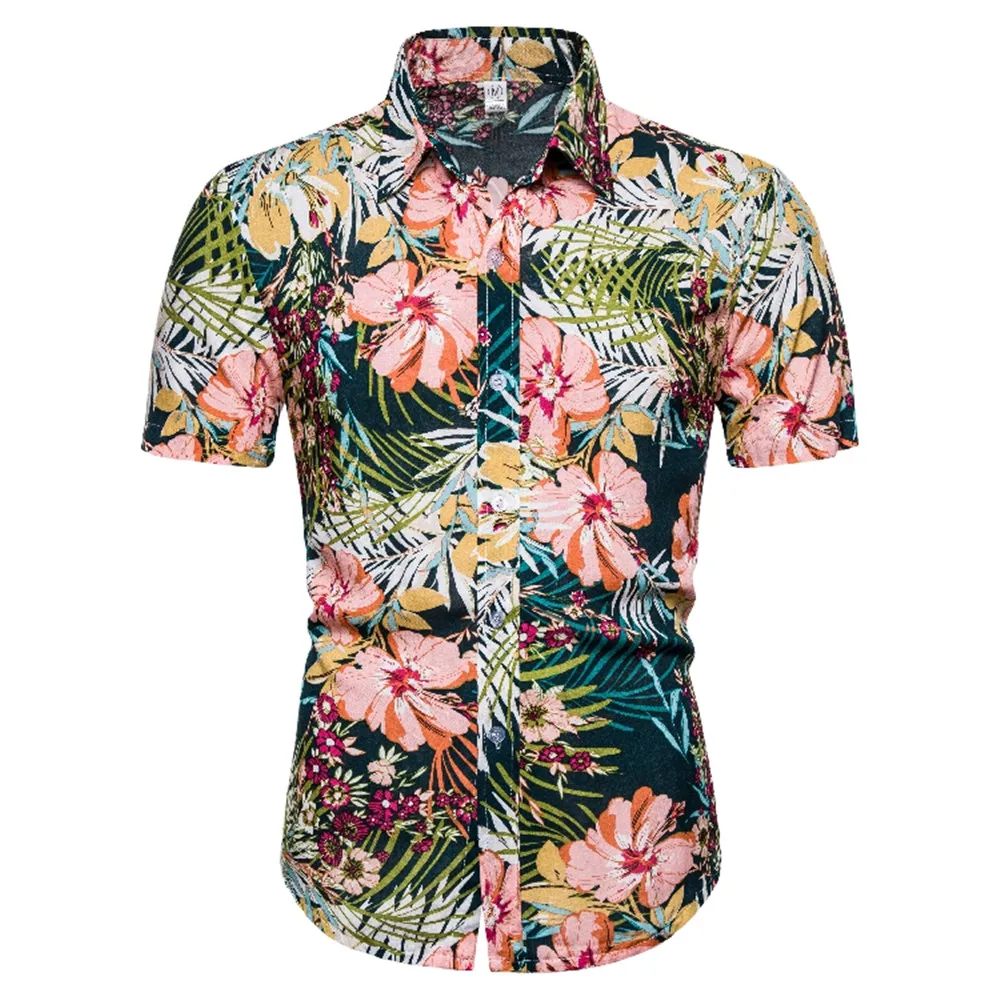 Новые летние мужские пляжные Гавайские рубашки с цветочным принтом, тропические повседневные блузки с коротким рукавом размера плюс 3XL, Мужская модная одежда s - Цвет: Green 2