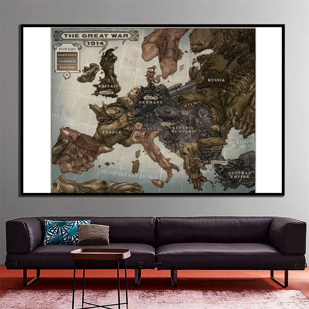 150x100cm The Europe Map In 1914 Non-woven Canvas Painting Retro Wall Art Poster Office Home Decor School Supplies