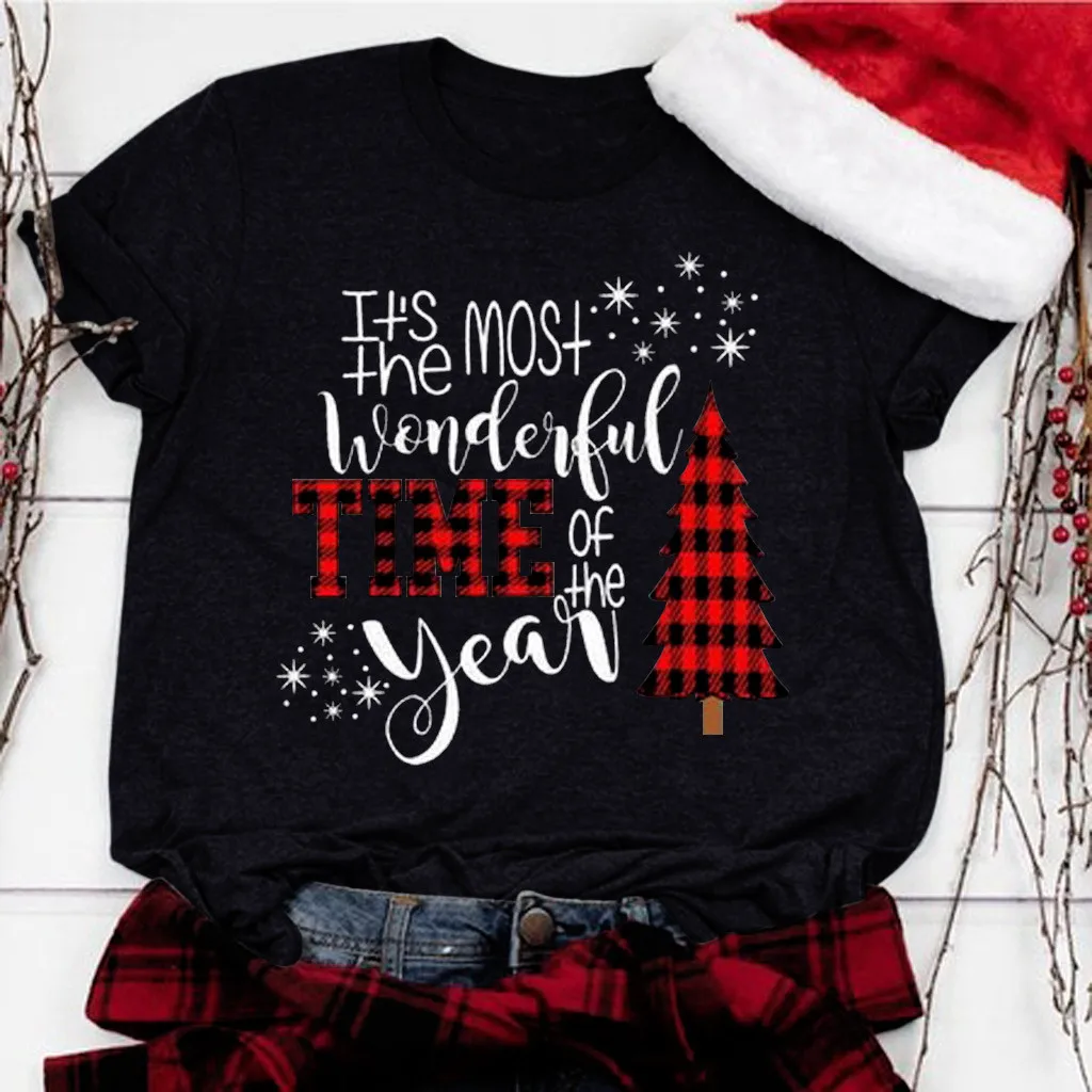 

Women T-shirts Tee Womens Fashion Clothes Christmas Women's Fashion O-neck Short Sleeve Casual Cute Holiday Shirt