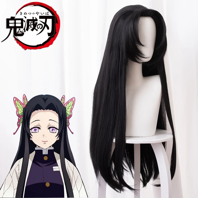 Клинок демона убийца Kochou Kanae косплей парик Kimetsu no Yaiba длинные черные прямые со слабым кончиком синтетические волосы для взрослых Хэллоуин