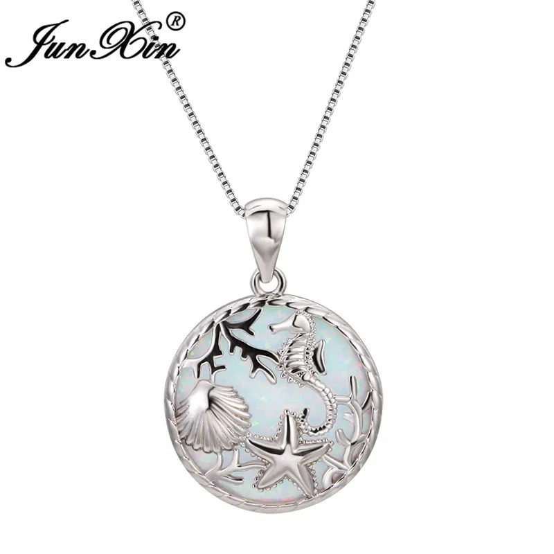 White Opal Necklace Океан Морская звезда морской конек кулон ракушка Синий Белый огненный опал Ожерелья для женщин 925 серебро Радуга камень Свадебное колье ювелирные изделия - Окраска металла: White Opal Necklace