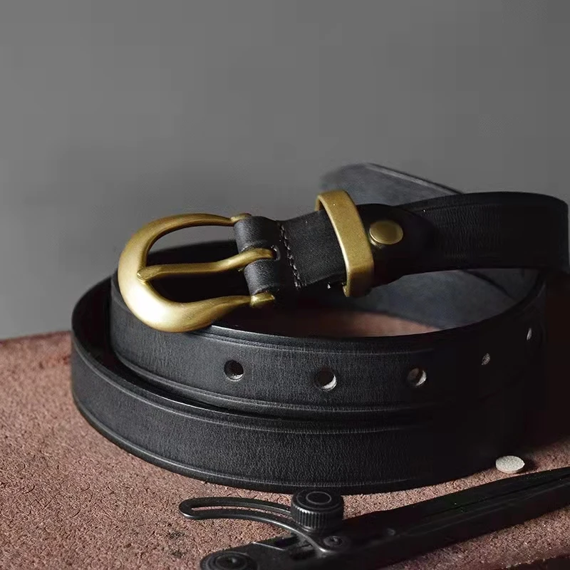 

Ремень женский Повседневный из натуральной кожи, универсальный узкий медный пояс с пряжкой, однотонный, для джинсов