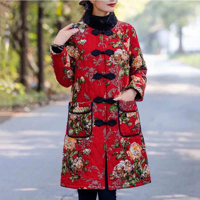

Fall Winter New Stand-Up Collar Long Padded Jacket With Disc Buckle Quilted Printed Cotton Linen Thickened Warm Cotton Coat s905