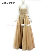 Настоящая фотография, новое вечернее платье из двух частей, кружевной комбинезон с жемчугом и v-образным вырезом со съемным шлейфом, Длинные вечерние платья для выпускного вечера