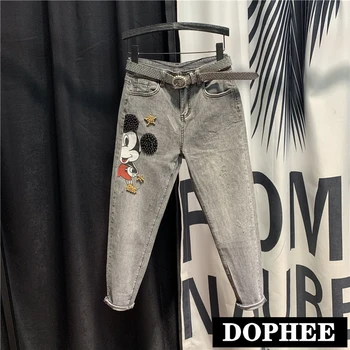 

European Fashion 2020 Spring Slimming Graphic Jeans Women's Retro Beads Daddy Harem Pants Skinny Long Trousers Jeans