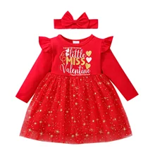 Emmababy – robe de princesse pour filles, tenue de saint valentin, impression de lettres, dentelle, maille, épissure, col rond, manches longues, couvre chef, 2022