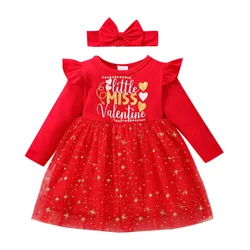 Emmababy – robe de princesse pour filles, tenue de saint valentin, impression de lettres, dentelle, maille, épissure, col rond, manches longues, couvre chef, 2022 
