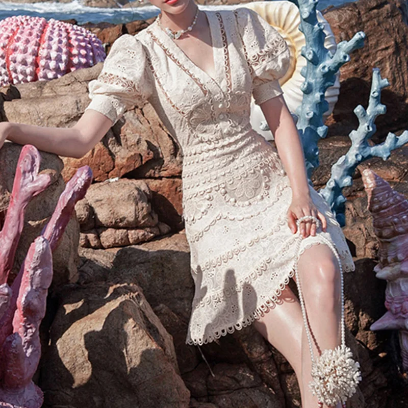 New Vintage Embroidery Lace Elegant Mini Dress High Waist Bodycon JKP4839